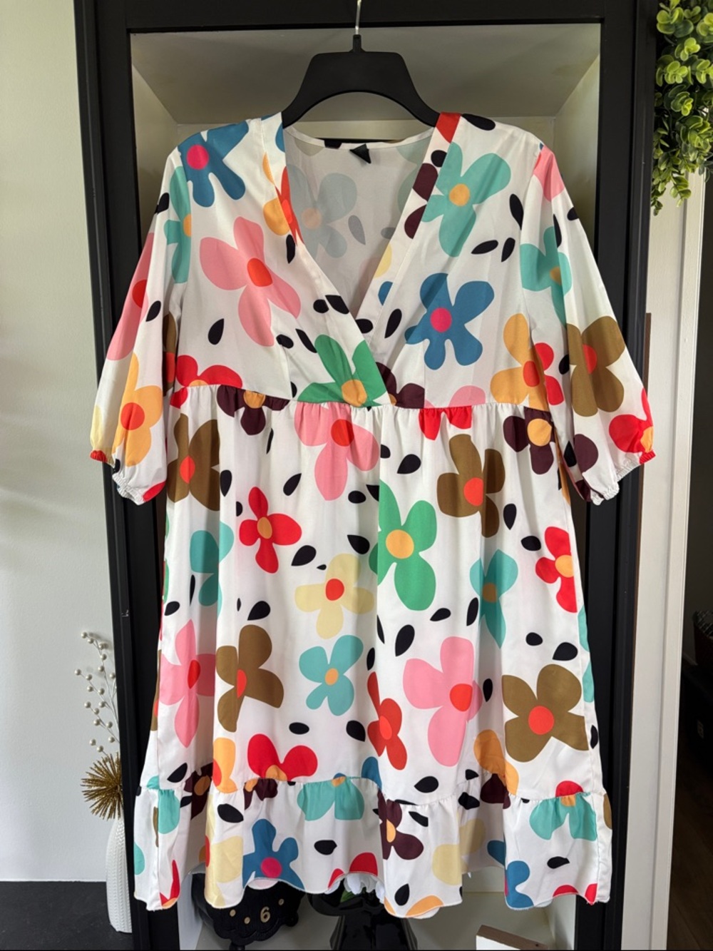 SHEIN White Floral Multicolor V-Neck Babydoll Dress